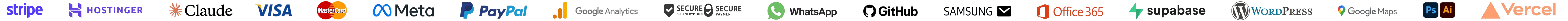 Logos of Stripe, Hostinger, Claude, Visa, Mastercard, Meta, PayPal, Google Analytics, secure SSL and payment badges, Adobe Photoshop and Illustrator, Google Maps, WhatsApp and GitHub